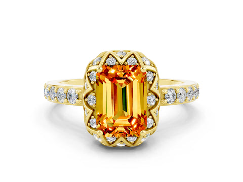 Yellow gold Emerald Cut Diamond Solitaire Ring with Shared Prong Pavé Band