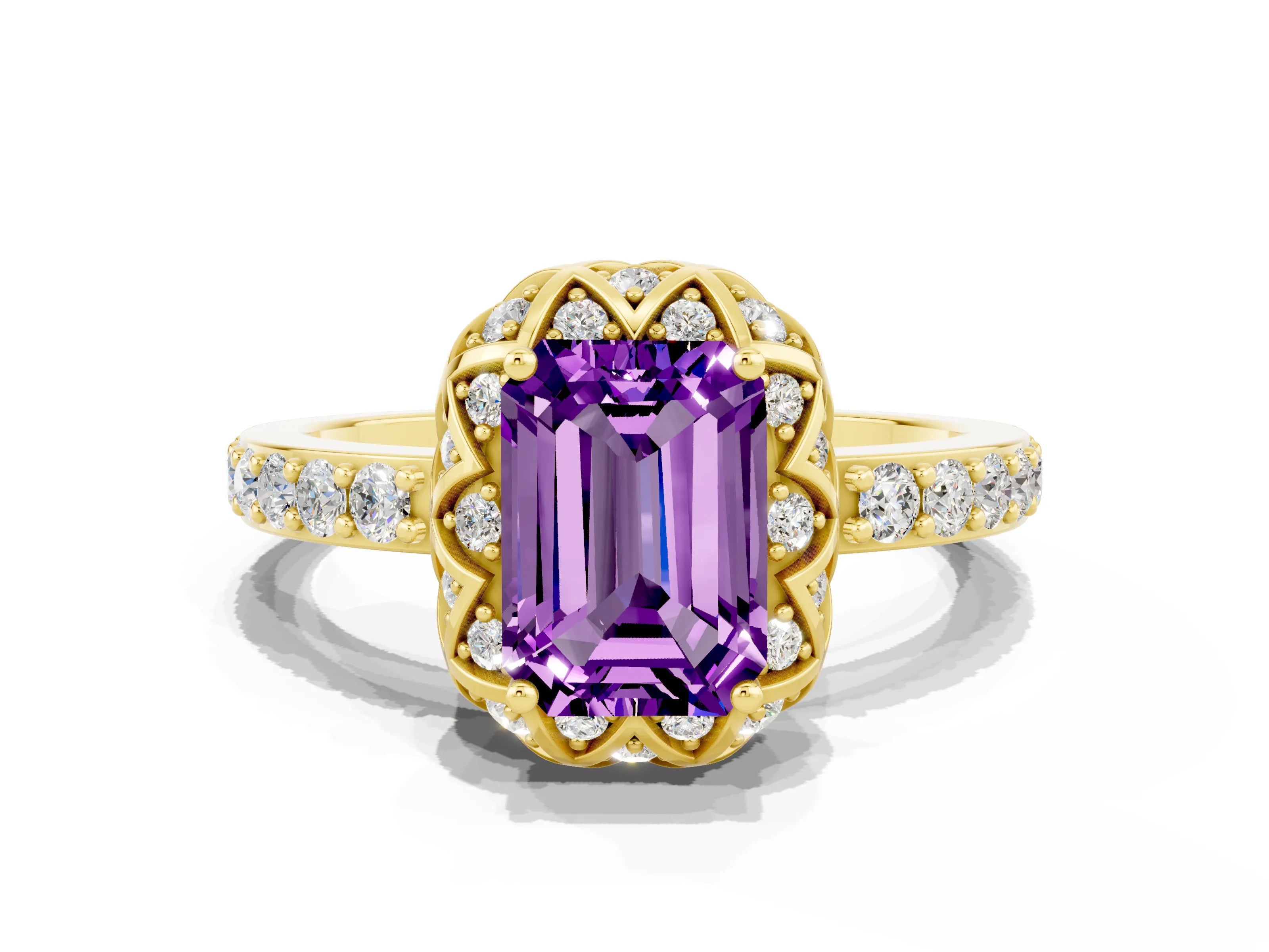 Yellow gold Emerald Cut Diamond Solitaire Ring with Shared Prong Pavé Band