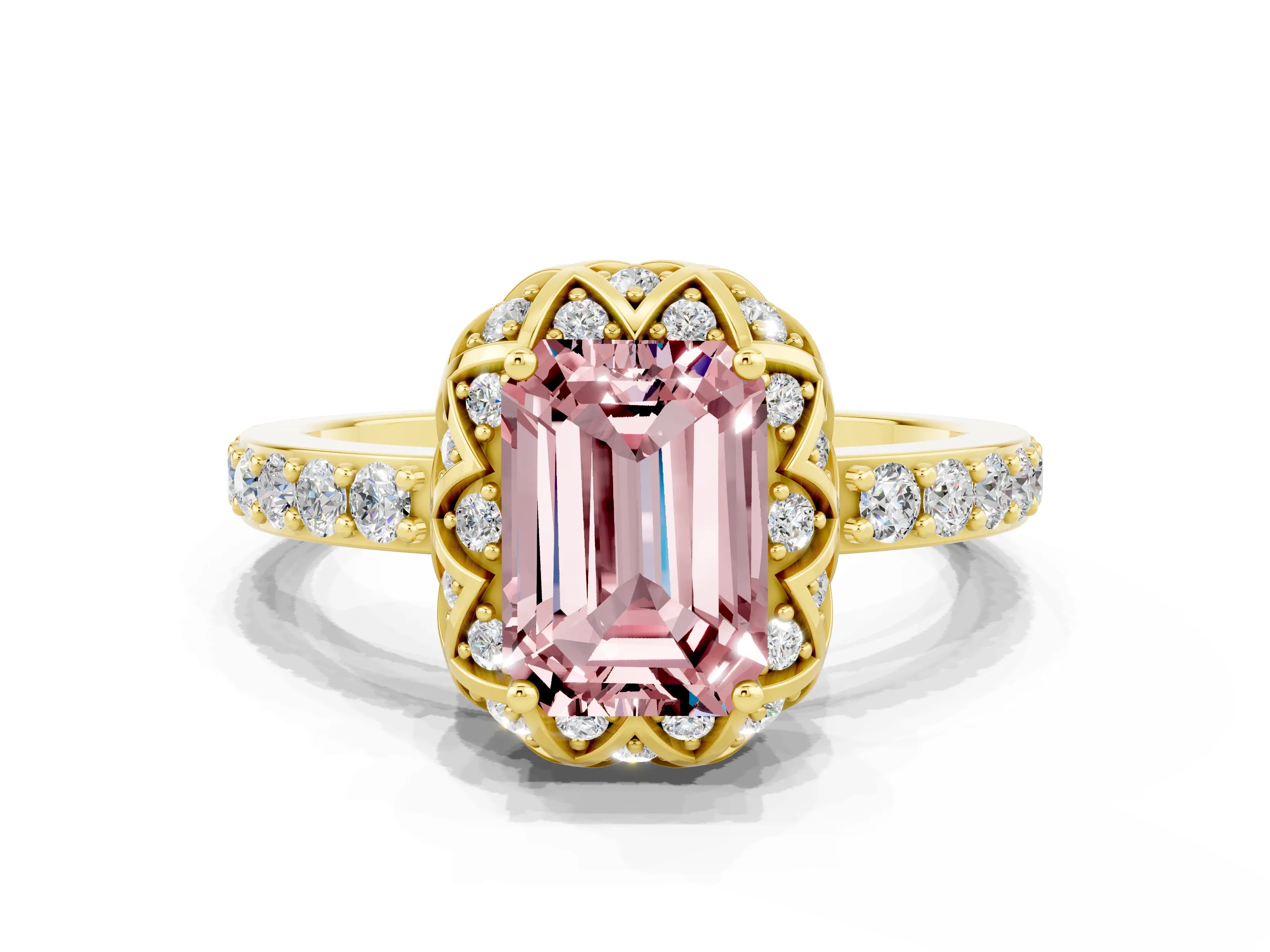 Yellow gold Emerald Cut Diamond Solitaire Ring with Shared Prong Pavé Band