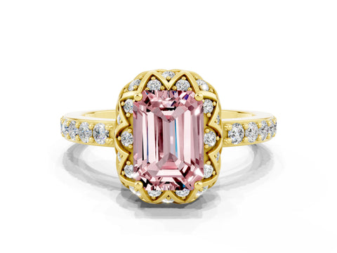 Yellow gold Emerald Cut Diamond Solitaire Ring with Shared Prong Pavé Band