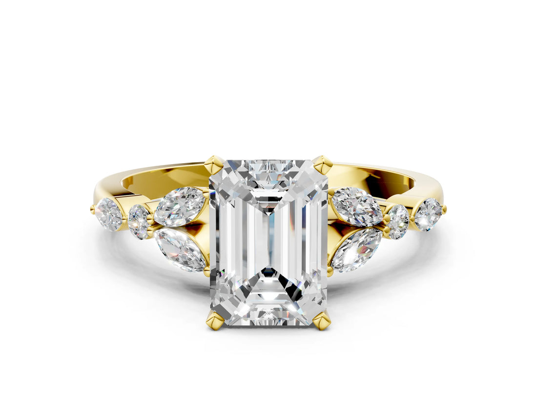 Yellow gold Emerald Cut Diamond Solitaire Ring with Side Stones and Four-Prong Setting_393