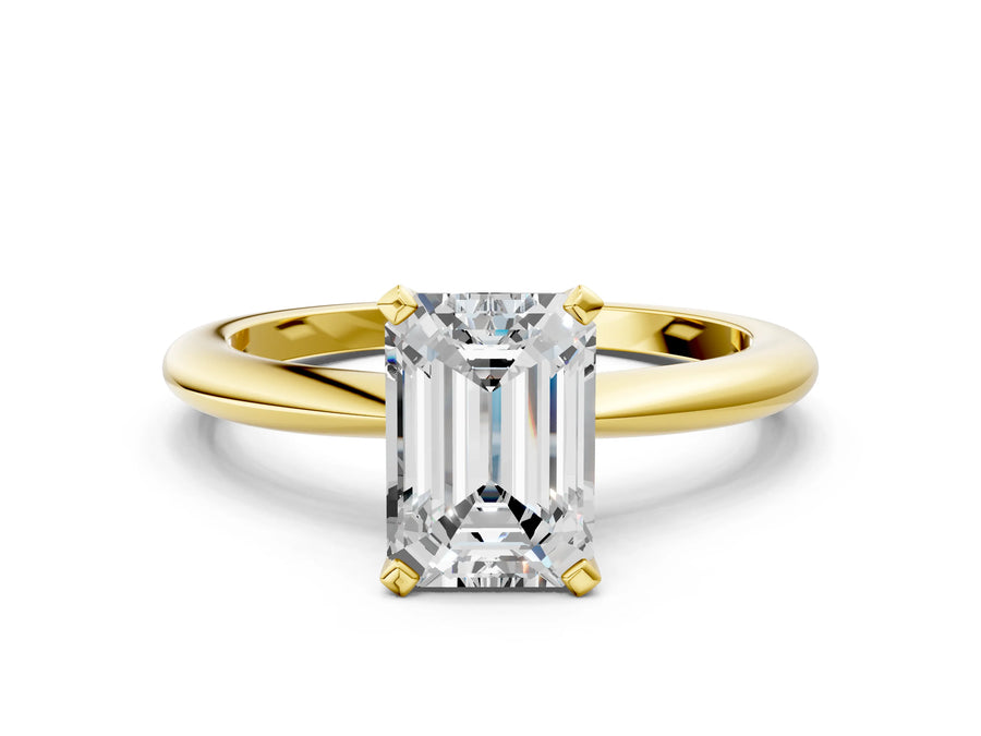 Yellow gold Emerald Cut Diamond Solitaire Ring with Six-Prong Setting and Classic Band
