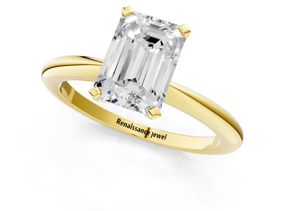 Yellow gold Emerald Cut Diamond Solitaire Ring with Six-Prong Setting and Classic Band