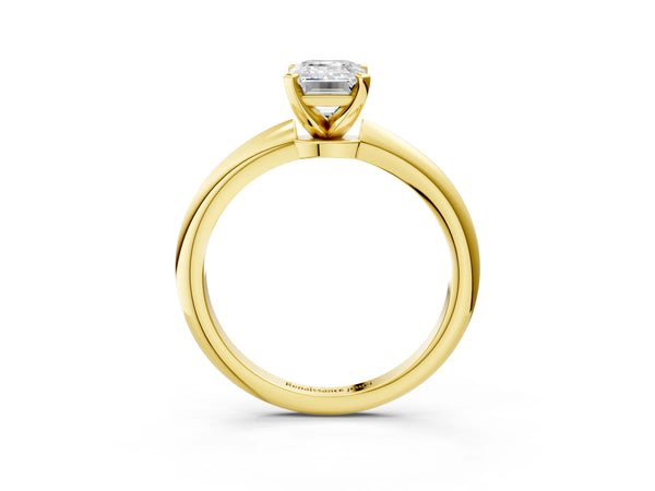 Yellow gold Emerald Cut Diamond Solitaire Ring with Six-Prong Setting and Classic Band