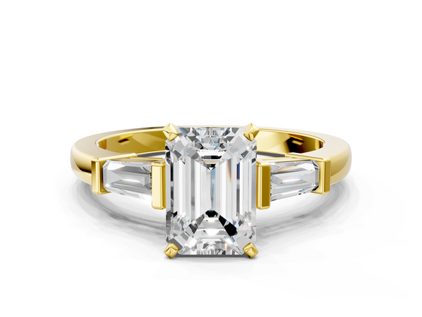 Yellow gold Emerald Cut Diamond Solitaire Ring with Tapered Baguette Accents and Four-Prong Setting