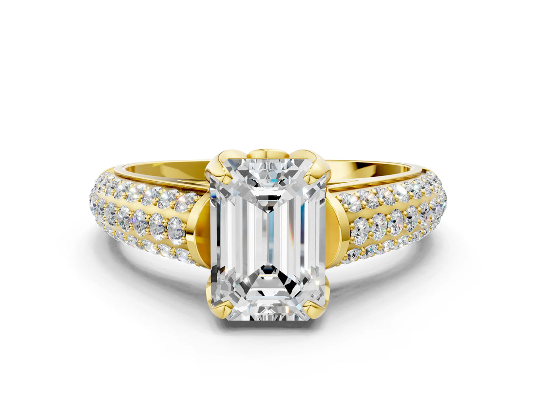 Yellow gold Emerald Cut Diamond Solitaire Ring with Three-Row Pavé Band and Four-Prong Setting_49