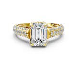 Yellow gold Emerald Cut Diamond Solitaire Ring with Three-Row Pavé Band and Four-Prong Setting_49