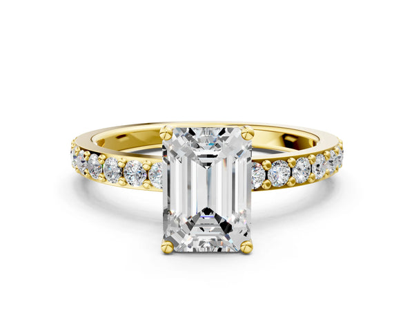 Yellow Gold Emerald Cut Solitaire Engagement Ring Setting with Round Pave Band