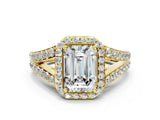 Yellow gold Emerald Cut Diamond Split Shank Halo Ring with Four-Prong Setting_73