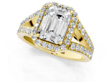 Yellow gold Emerald Cut Diamond Split Shank Halo Ring with Four-Prong Setting_74