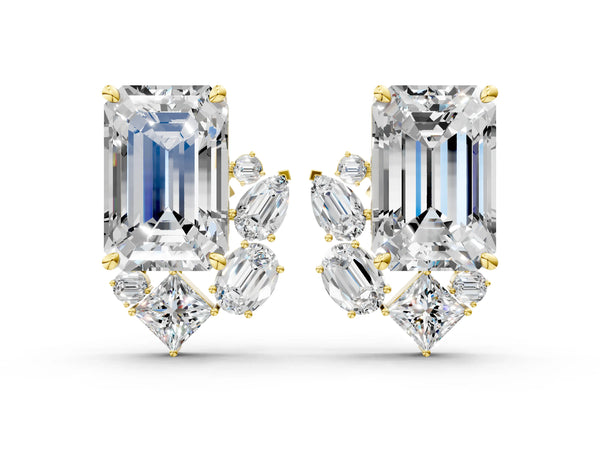 Yellow gold Emerald Cut Diamond Stud Earrings with Round and Oval Accents