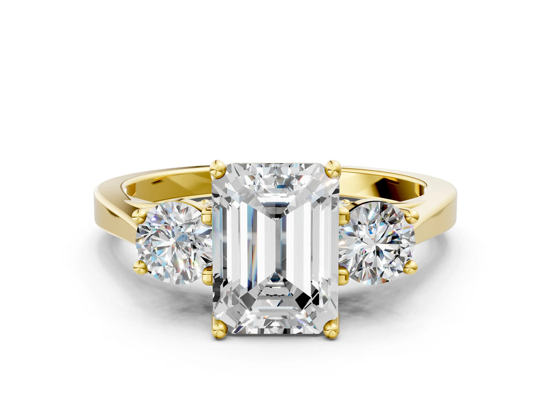 Yellow gold Emerald Cut Diamond Three-Stone Engagement Ring with Prong Setting and Pavé Band_3