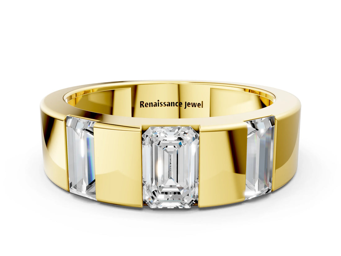 Yellow gold Emerald Cut Diamond Three-Stone Mens Ring with Baguette Side Stones