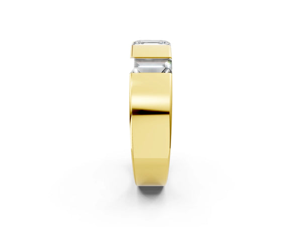 Yellow gold Emerald Cut Diamond Three-Stone Mens Ring with Baguette Side Stones