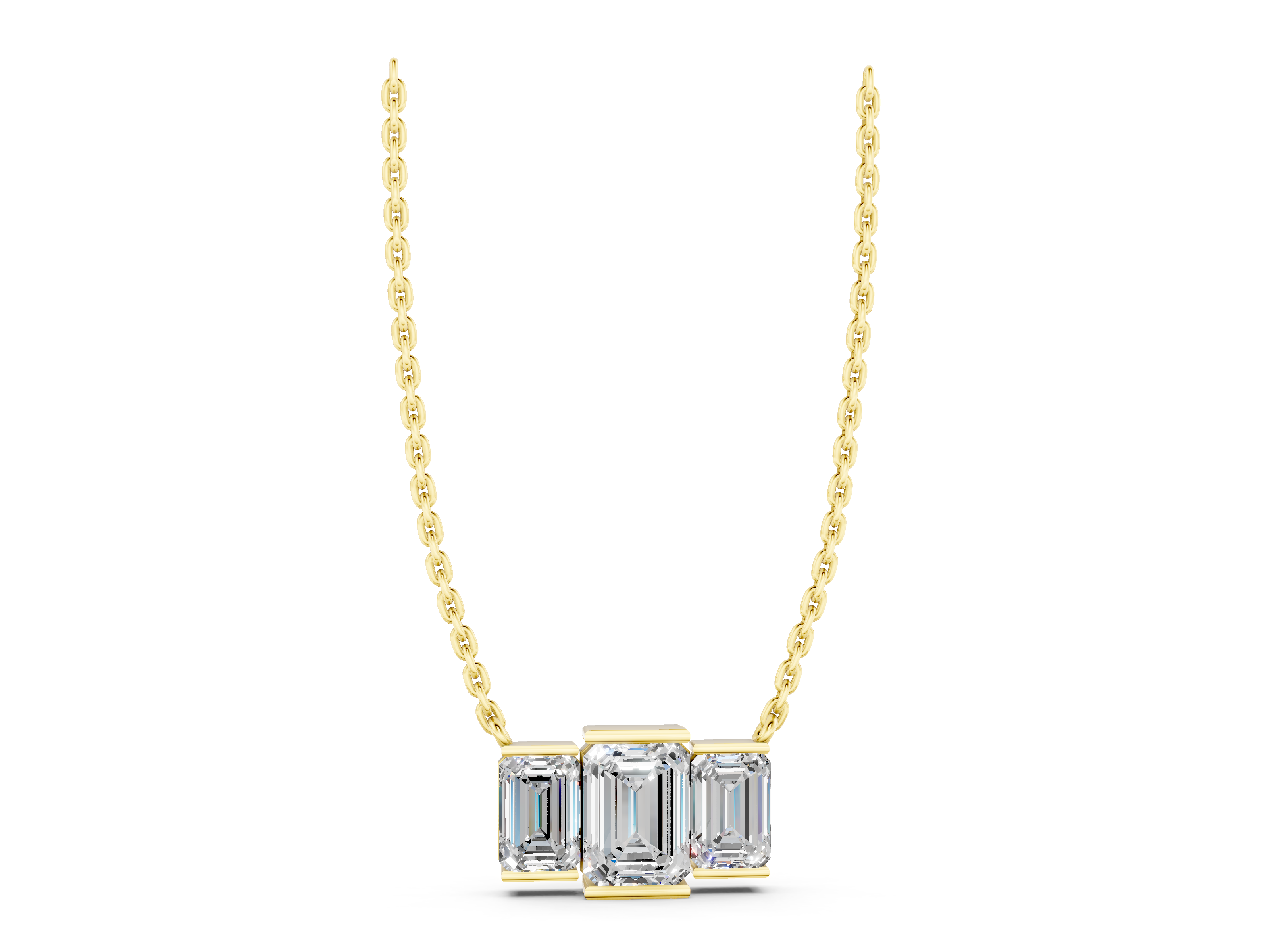 Yellow gold Emerald Cut Diamond Three-Stone Necklace with Prong Setting_6