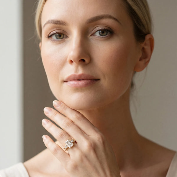 Yellow gold Emerald Cut Diamond Three-Stone Ring with Pavé Split Shank and Four-Prong Setting