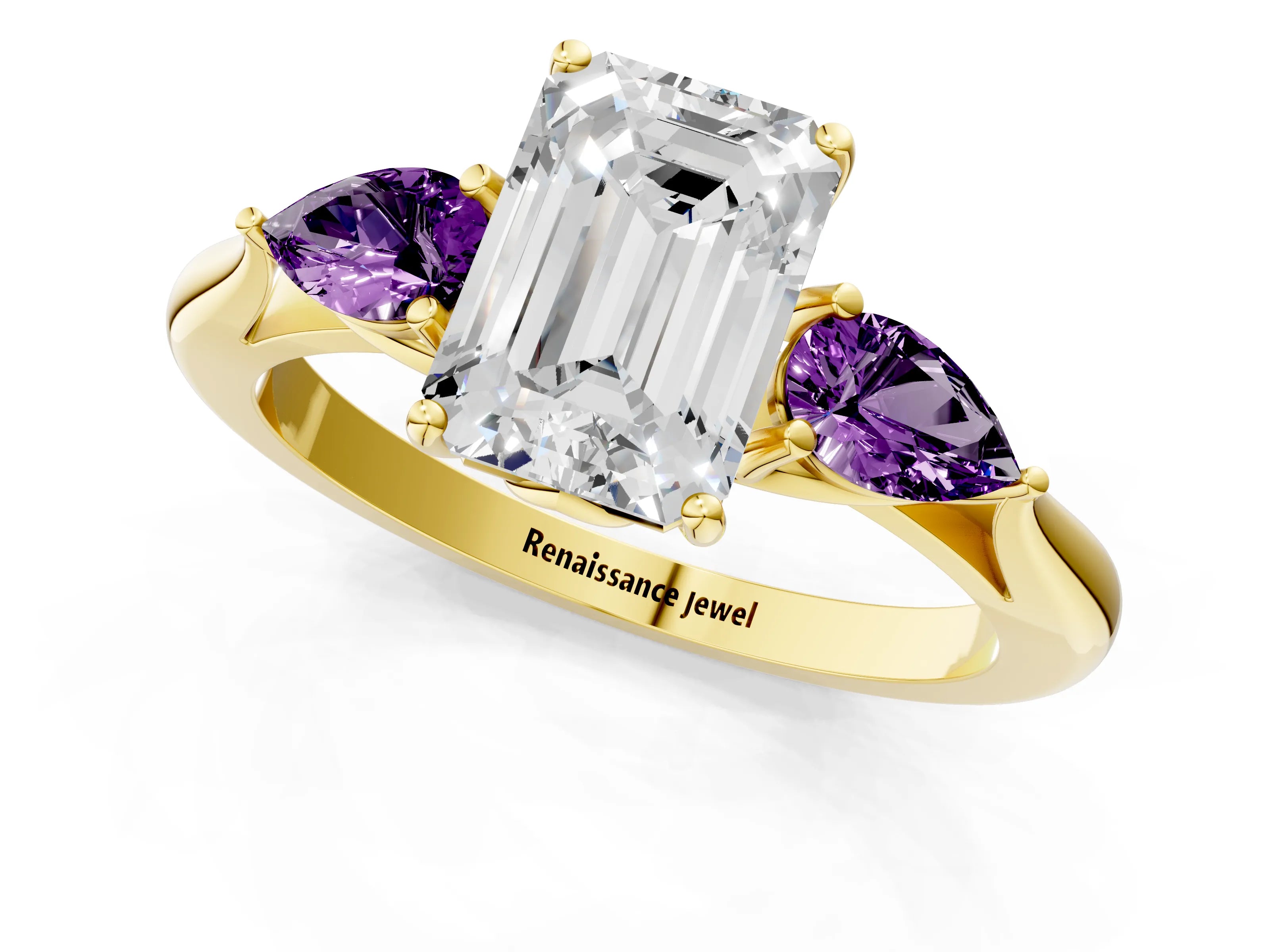Yellow gold Emerald Cut Diamond Three-Stone Ring with Pear with Amethyst side stone Side Stones and Prong Setting_1