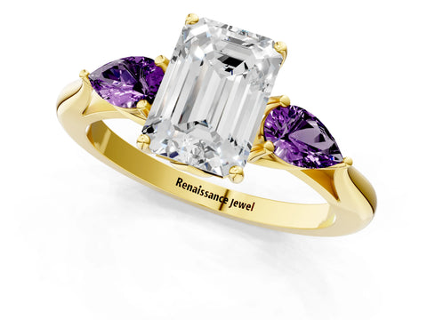 Yellow gold Emerald Cut Diamond Three-Stone Ring with Pear with Amethyst side stone Side Stones and Prong Setting_1