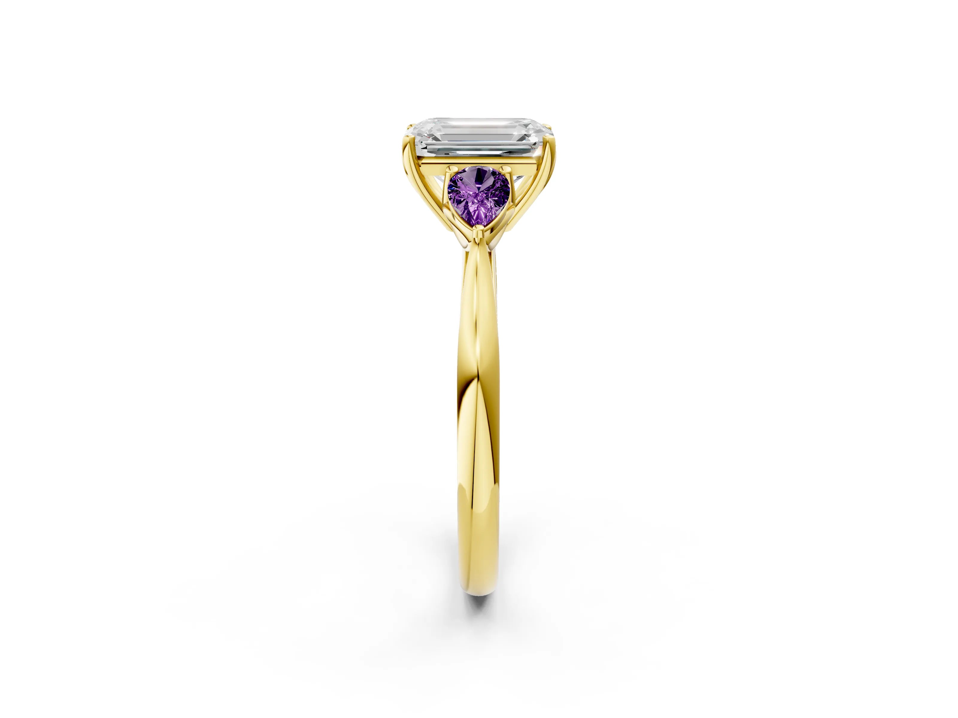 Yellow gold Emerald Cut Diamond Three-Stone Ring with Pear with Amethyst side stone Side Stones and Prong Setting_2