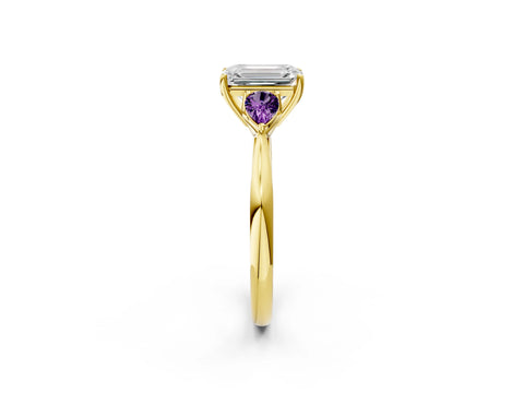 Yellow gold Emerald Cut Diamond Three-Stone Ring with Pear with Amethyst side stone Side Stones and Prong Setting_2