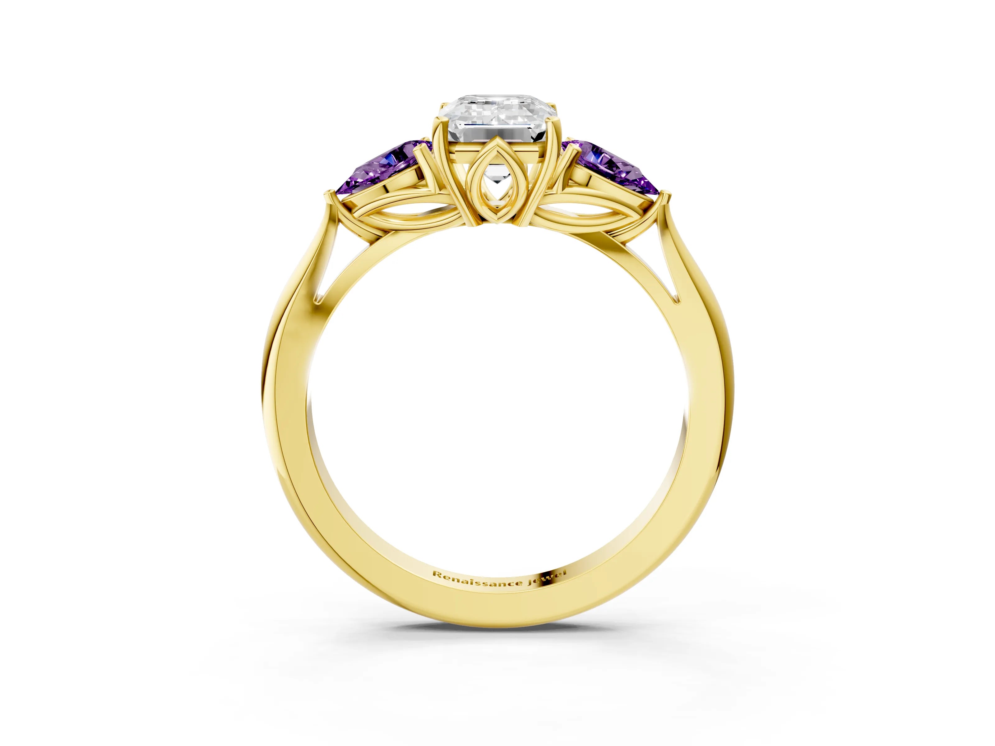 Yellow gold Emerald Cut Diamond Three-Stone Ring with Pear with Amethyst side stone Side Stones and Prong Setting_3
