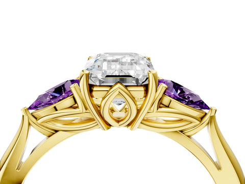 Yellow gold Emerald Cut Diamond Three-Stone Ring with Pear with Amethyst side stone Side Stones and Prong Setting_4