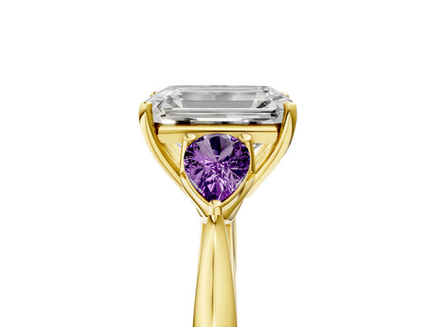 Yellow gold Emerald Cut Diamond Three-Stone Ring with Pear with Amethyst side stone Side Stones and Prong Setting_5