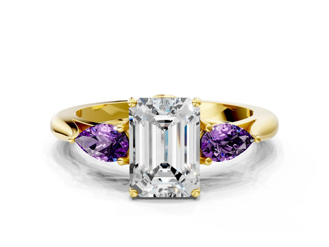 Yellow gold Emerald Cut Diamond Three-Stone Ring with Pear with Amethyst side stone Side Stones and Prong Setting