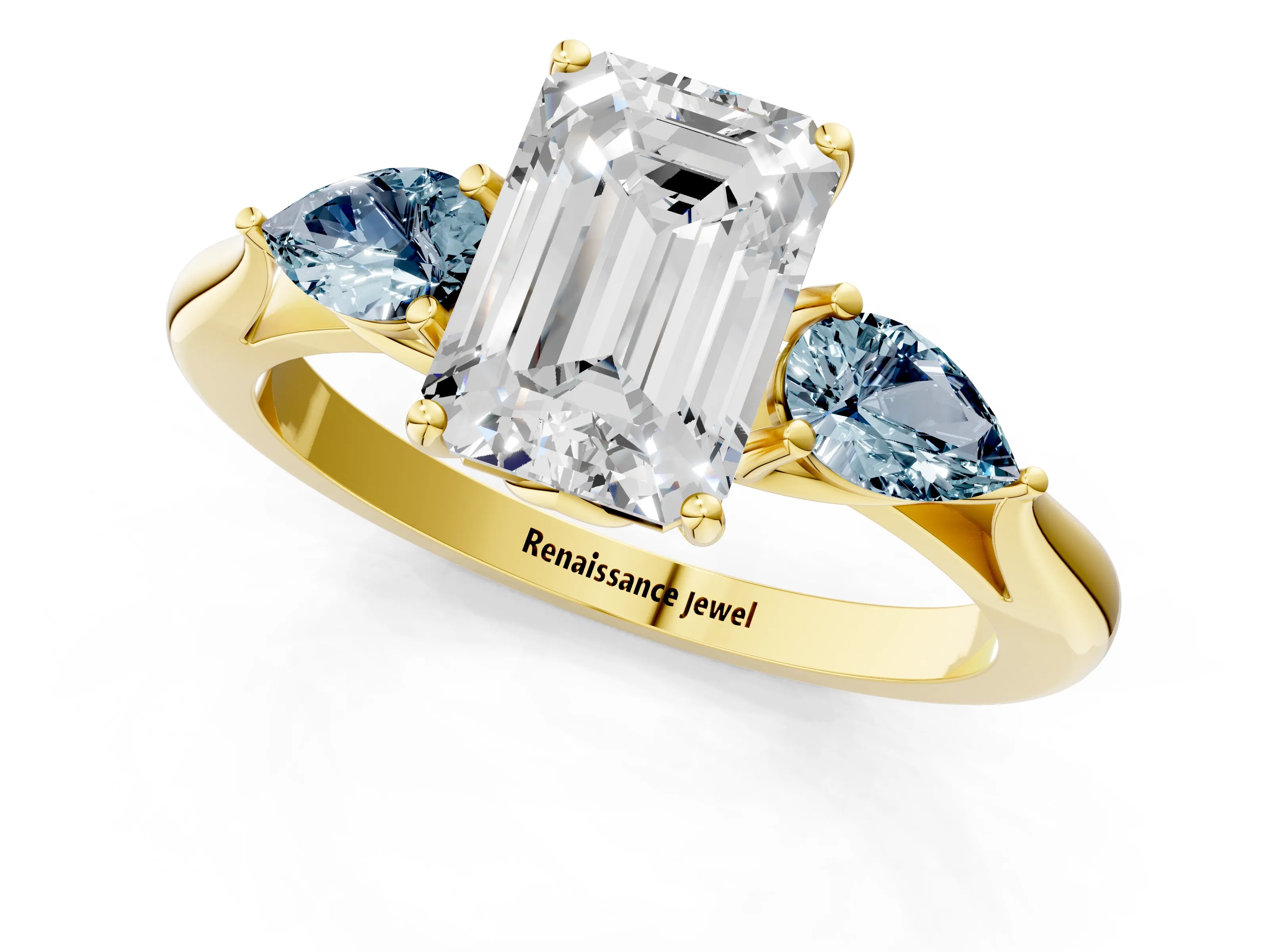 Yellow gold Emerald Cut Diamond Three-Stone Ring with Pear with Aquamarine side stone Side Stones and Prong Setting_1