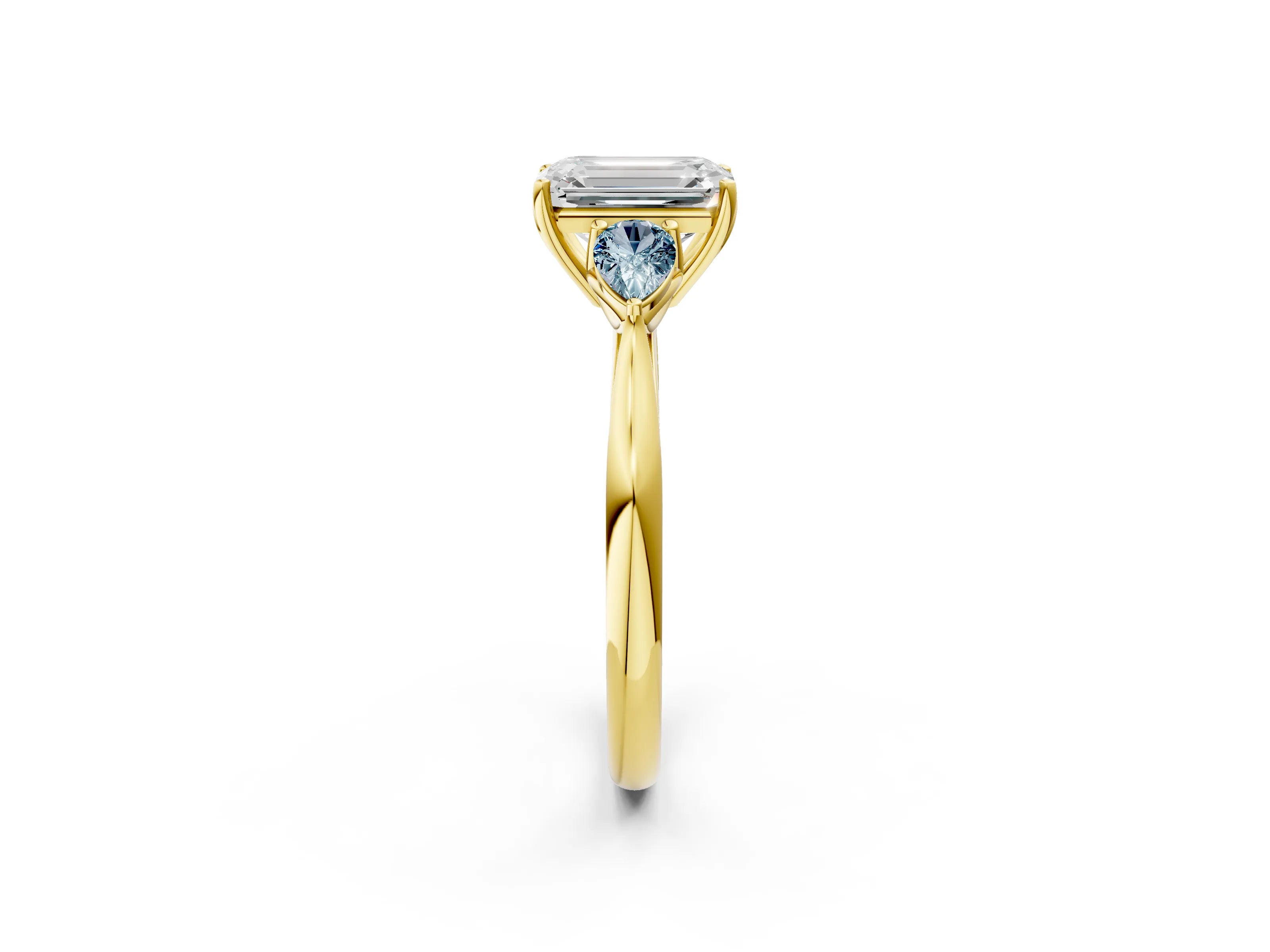 Yellow gold Emerald Cut Diamond Three-Stone Ring with Pear with Aquamarine side stone Side Stones and Prong Setting_2