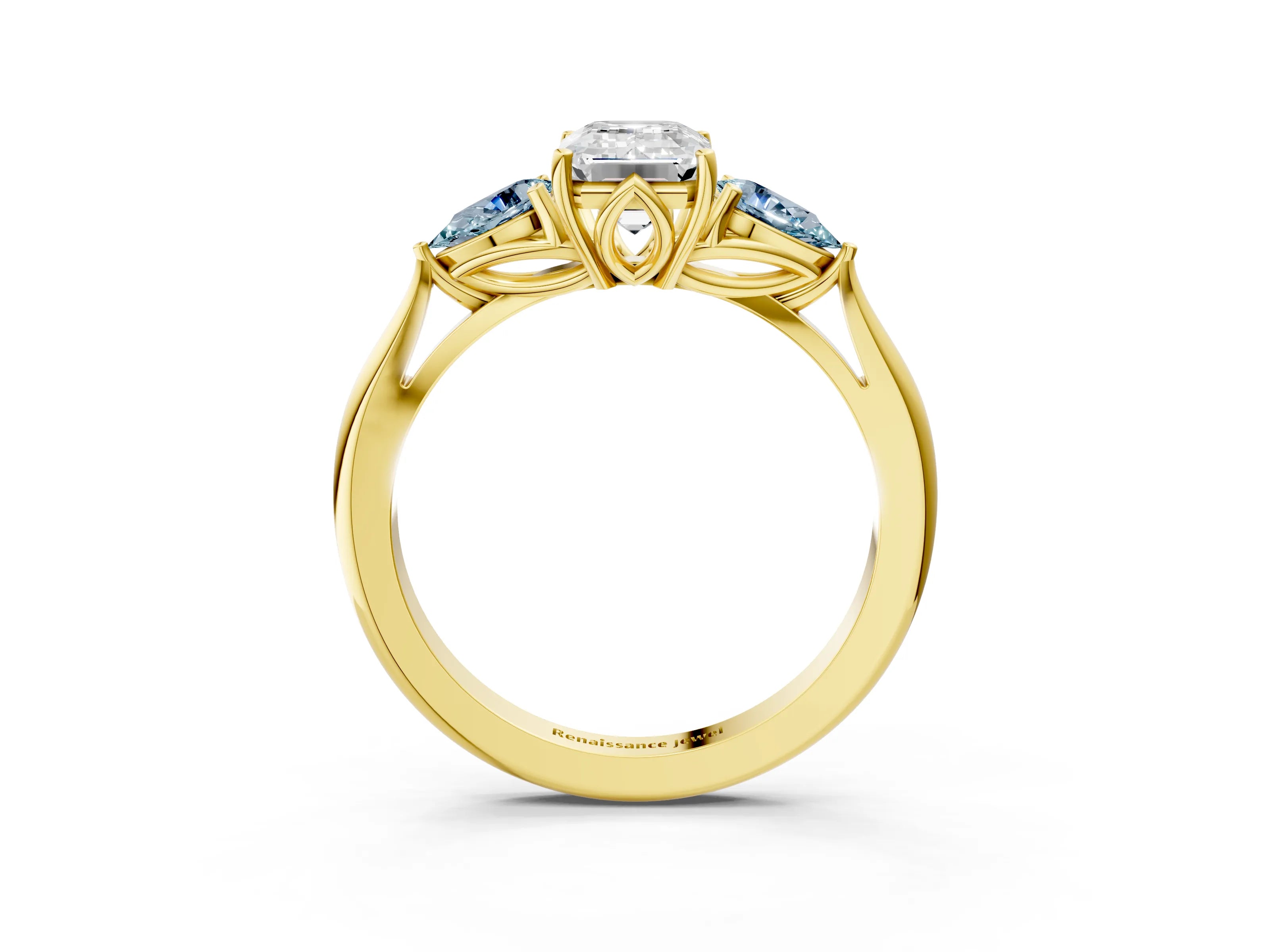 Yellow gold Emerald Cut Diamond Three-Stone Ring with Pear with Aquamarine side stone Side Stones and Prong Setting_3