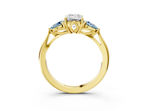 Yellow gold Emerald Cut Diamond Three-Stone Ring with Pear with Aquamarine side stone Side Stones and Prong Setting_3