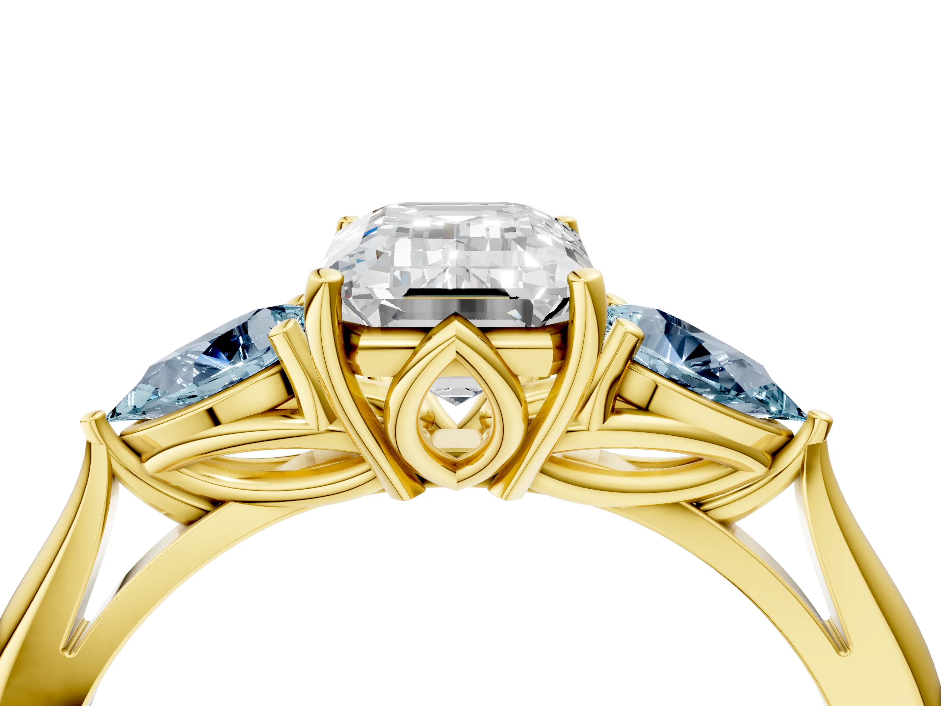 Yellow gold Emerald Cut Diamond Three-Stone Ring with Pear with Aquamarine side stone Side Stones and Prong Setting_4