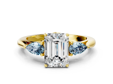 Yellow gold Emerald Cut Diamond Three-Stone Ring with Pear with Aquamarine side stone Side Stones and Prong Setting