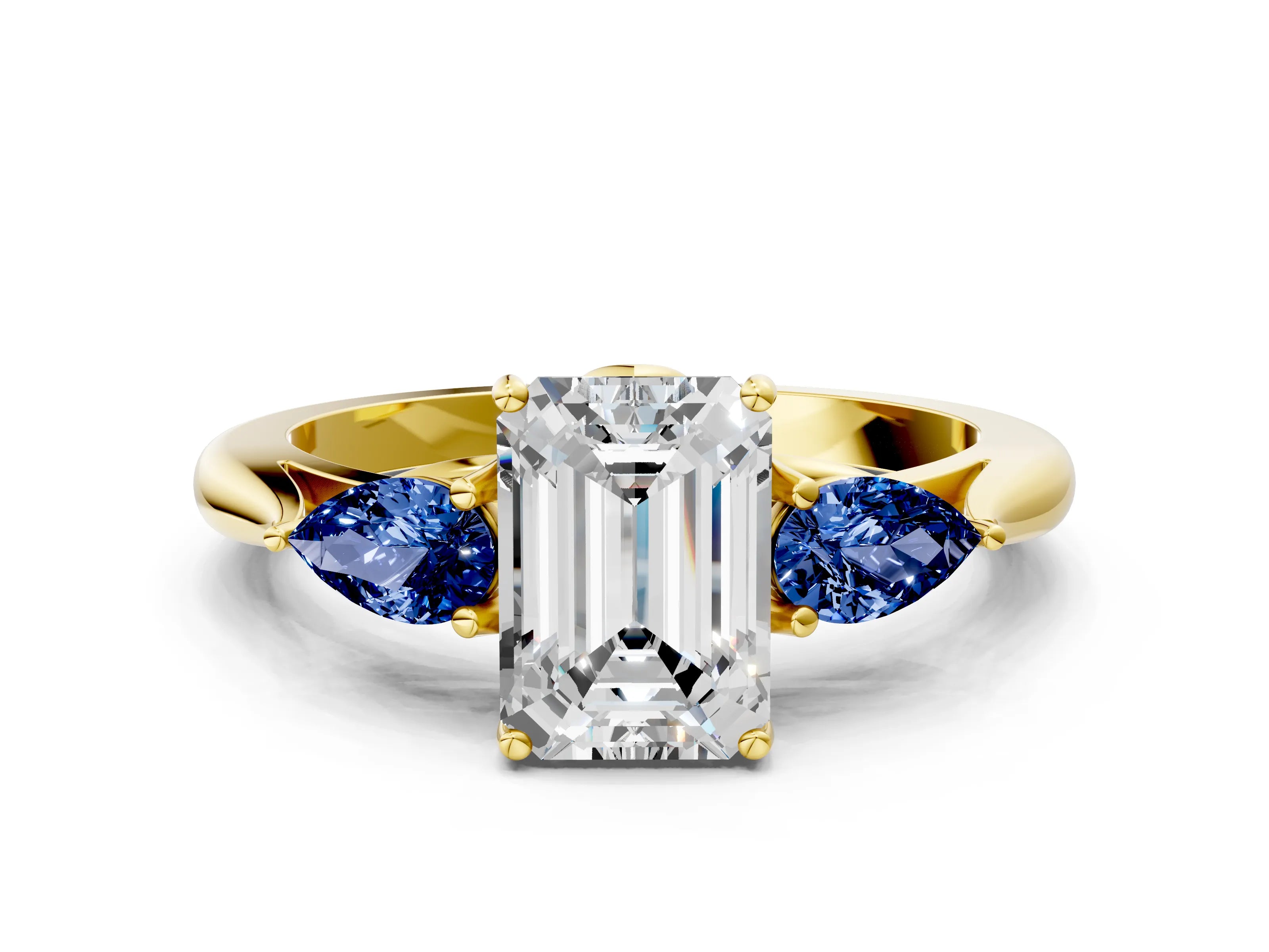 Yellow gold Emerald Cut Diamond Three-Stone Ring with Pear with Blue Sapphire side stone Side Stones and Prong Setting