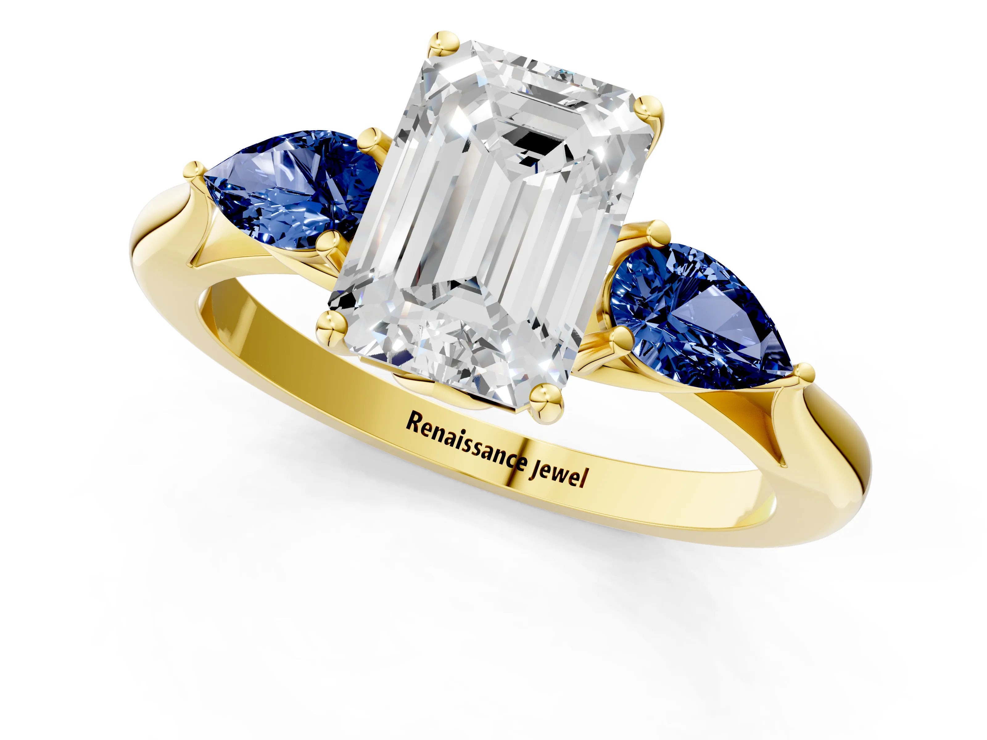Yellow gold Emerald Cut Diamond Three-Stone Ring with Pear with Blue Sapphire side stone Side Stones and Prong Setting_1