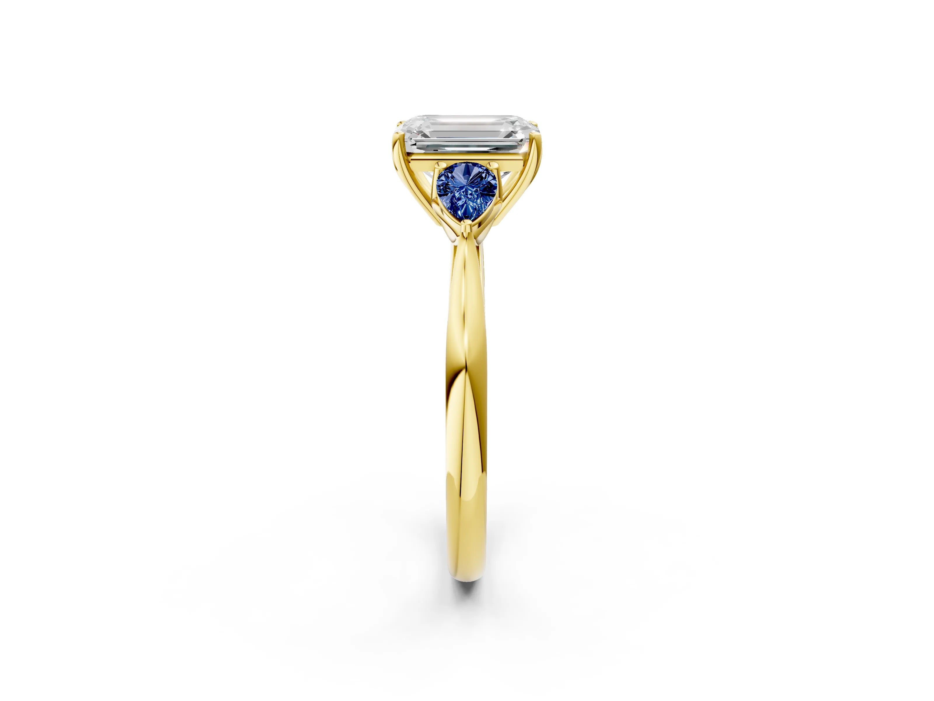Yellow gold Emerald Cut Diamond Three-Stone Ring with Pear with Blue Sapphire side stone Side Stones and Prong Setting_2