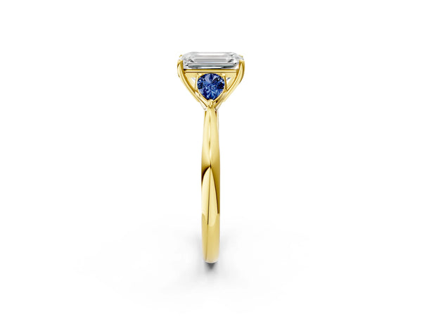 Yellow Gold Emerald Cut Three Stone Engagement Ring Setting with Pear Lab-Grown Blue Sapphire Side Stones