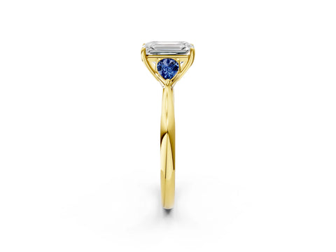 Yellow gold Emerald Cut Diamond Three-Stone Ring with Pear with Blue Sapphire side stone Side Stones and Prong Setting_2