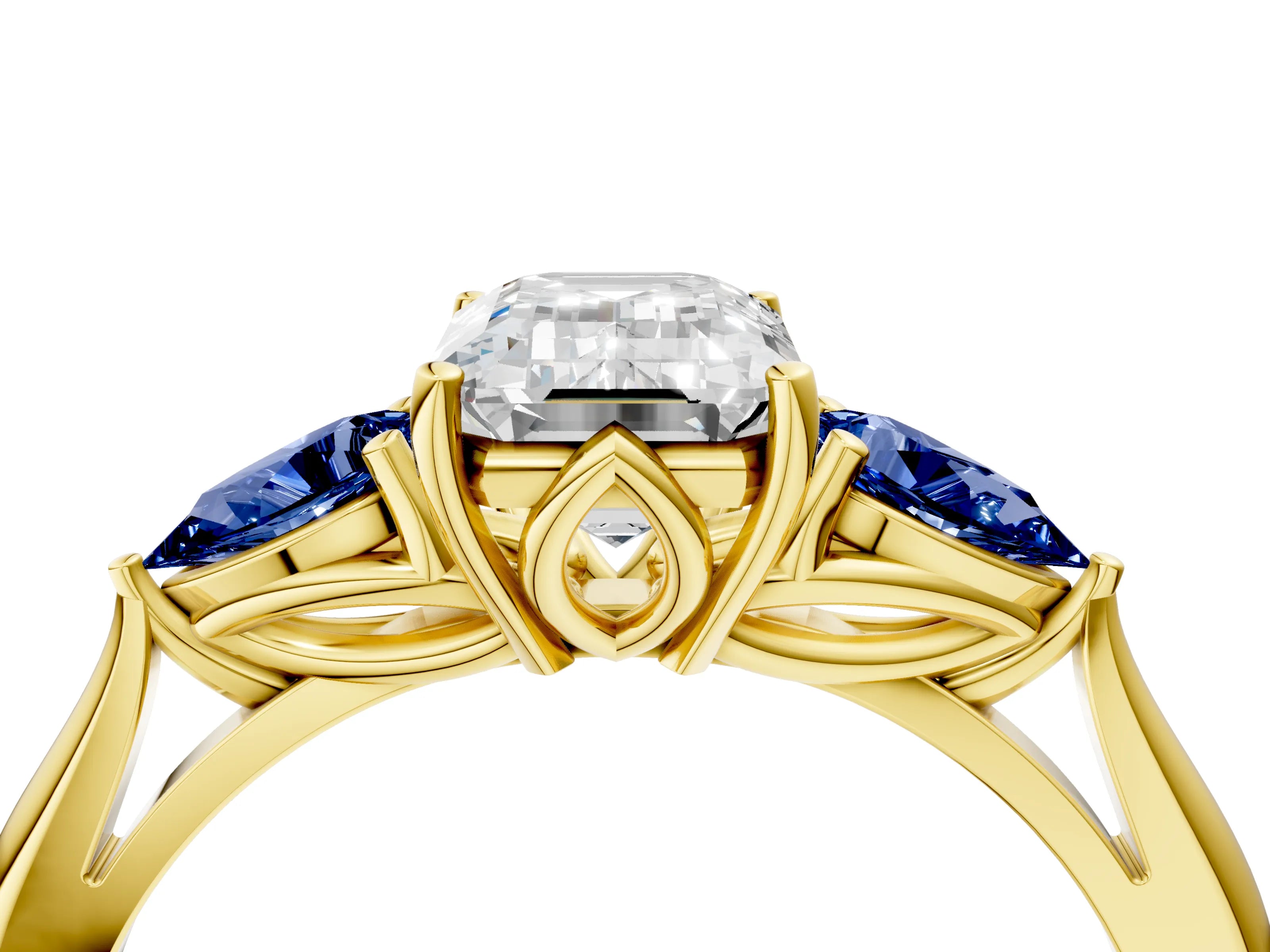 Yellow gold Emerald Cut Diamond Three-Stone Ring with Pear with Blue Sapphire side stone Side Stones and Prong Setting_4