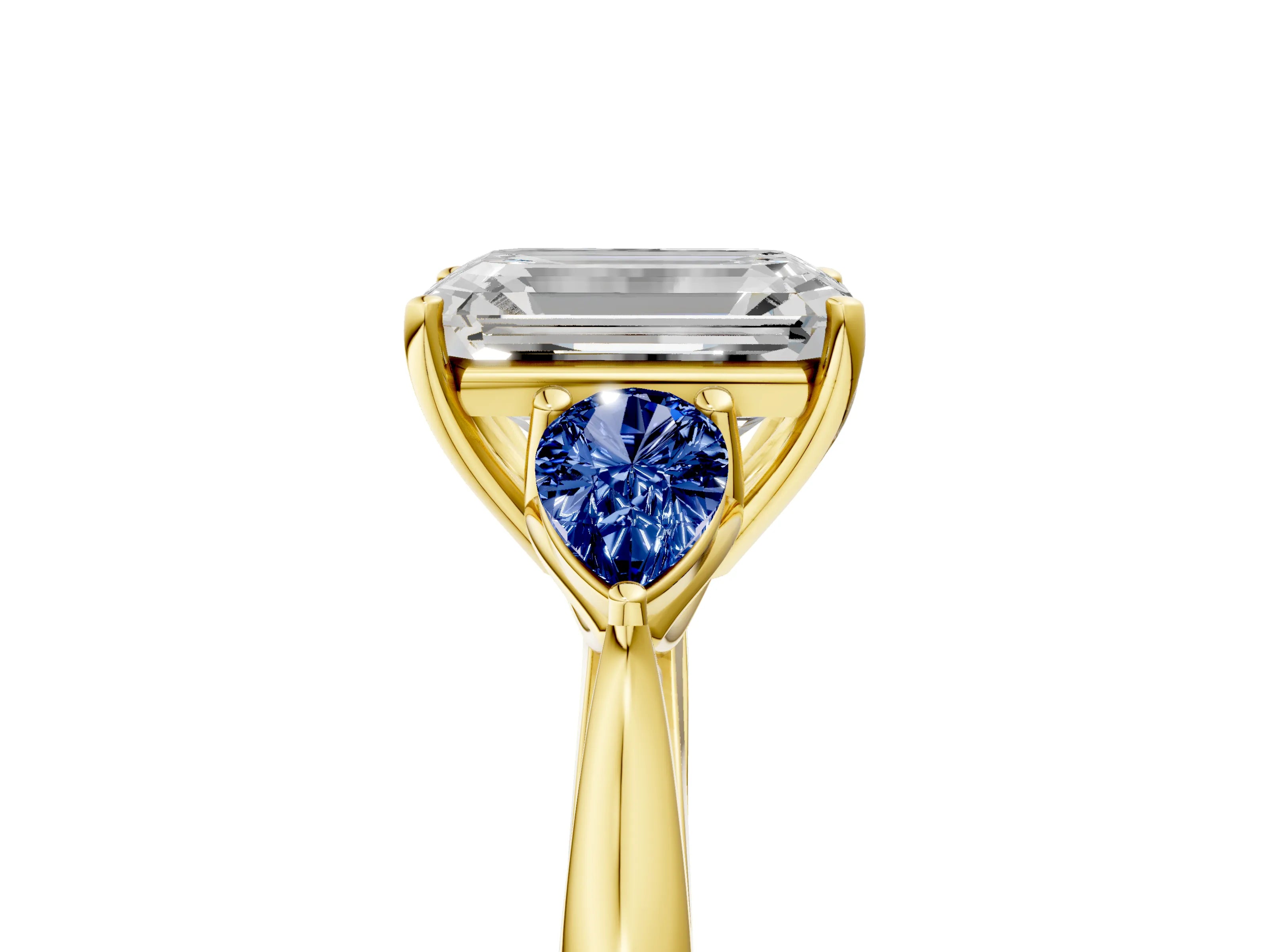 Yellow gold Emerald Cut Diamond Three-Stone Ring with Pear with Blue Sapphire side stone Side Stones and Prong Setting_5