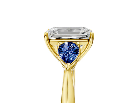 Yellow gold Emerald Cut Diamond Three-Stone Ring with Pear with Blue Sapphire side stone Side Stones and Prong Setting_5