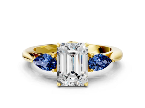Yellow gold Emerald Cut Diamond Three-Stone Ring with Pear with Blue Sapphire side stone Side Stones and Prong Setting