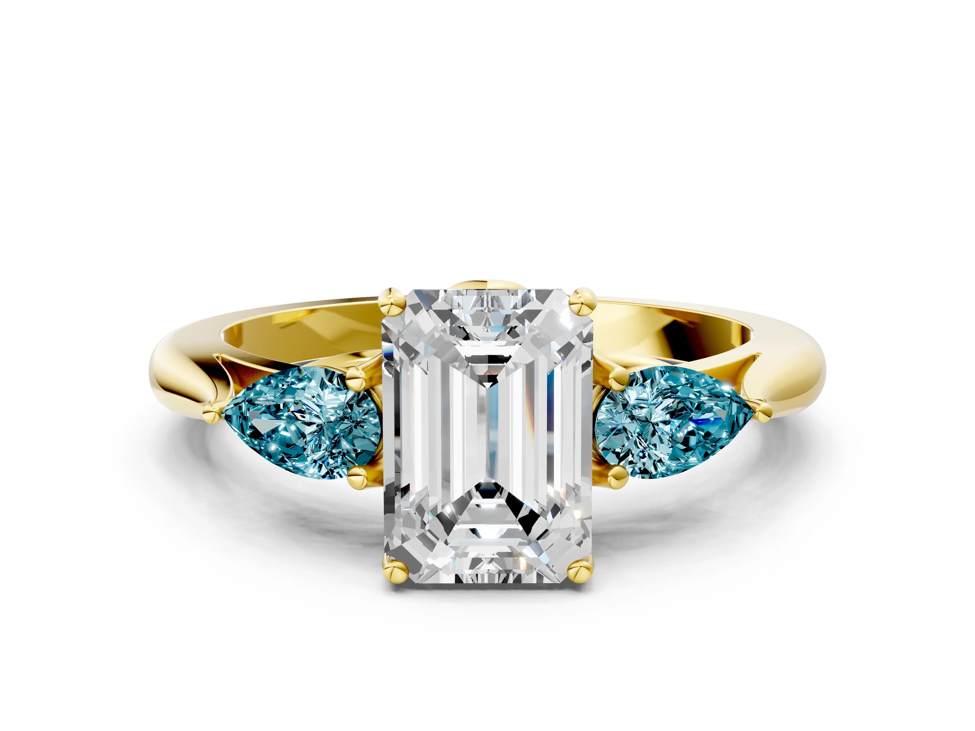 Yellow gold Emerald Cut Diamond Three-Stone Ring with Pear with Blue Topaz side stone Side Stones and Prong Setting