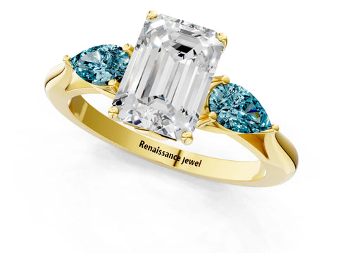 Yellow gold Emerald Cut Diamond Three-Stone Ring with Pear with Blue Topaz side stone Side Stones and Prong Setting_1