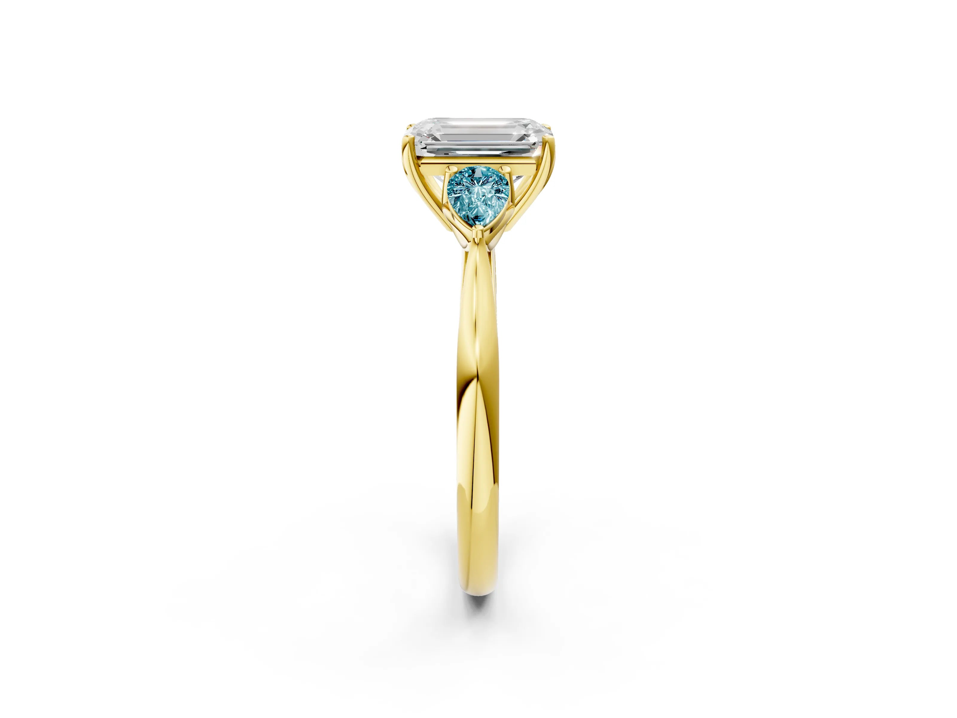 Yellow gold Emerald Cut Diamond Three-Stone Ring with Pear with Blue Topaz side stone Side Stones and Prong Setting_2