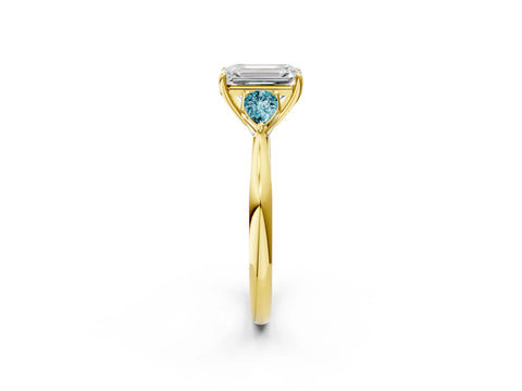 Yellow gold Emerald Cut Diamond Three-Stone Ring with Pear with Blue Topaz side stone Side Stones and Prong Setting_2