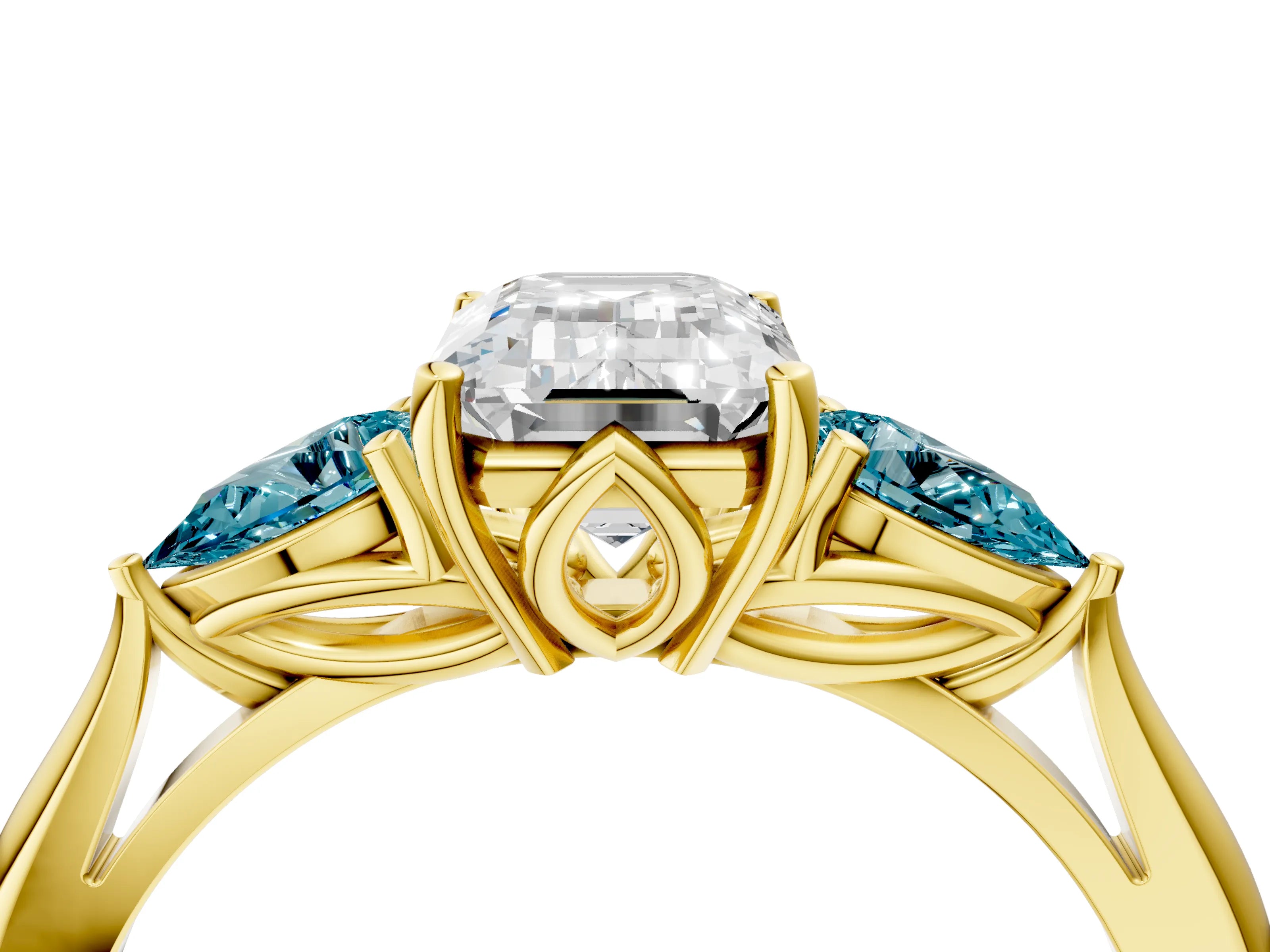 Yellow gold Emerald Cut Diamond Three-Stone Ring with Pear with Blue Topaz side stone Side Stones and Prong Setting_4
