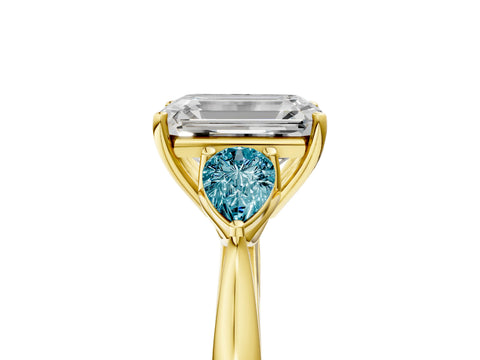 Yellow gold Emerald Cut Diamond Three-Stone Ring with Pear with Blue Topaz side stone Side Stones and Prong Setting_5