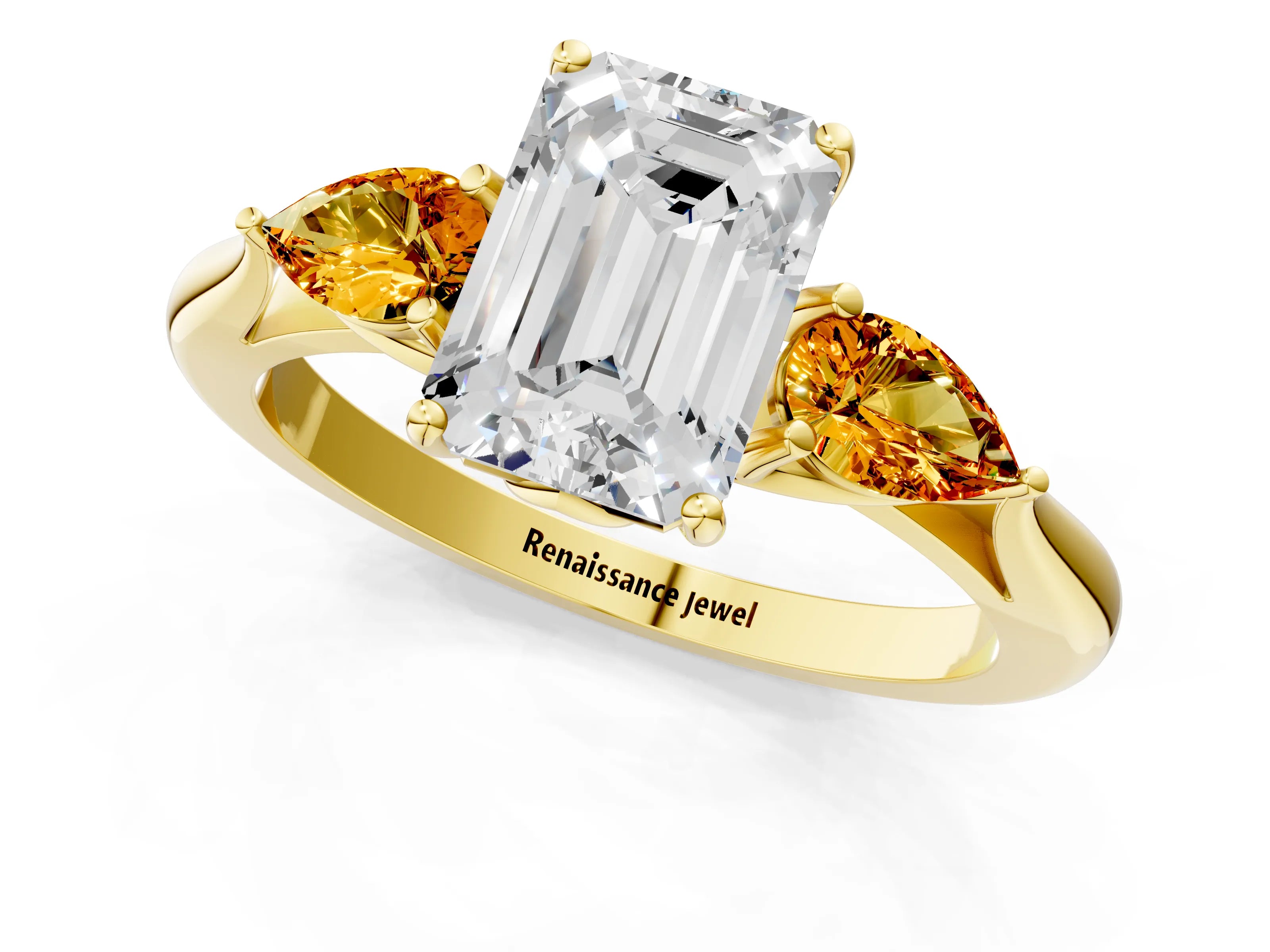 Yellow gold Emerald Cut Diamond Three-Stone Ring with Pear with Citrine side stone Side Stones and Prong Setting_1